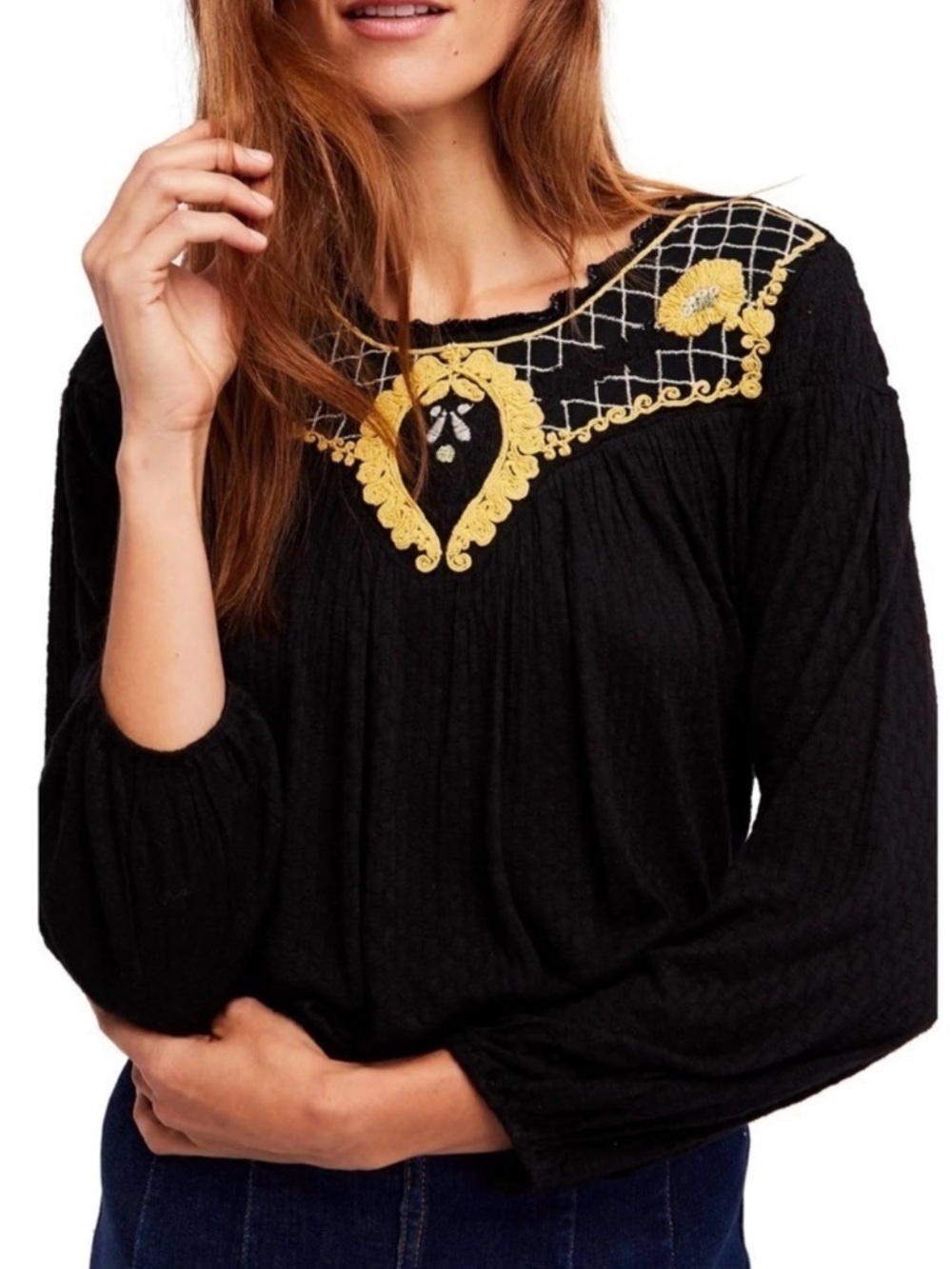 #880 FREE PEOPLE Begonia Black Peasant Blouse with Yellow Embroidered Yoke